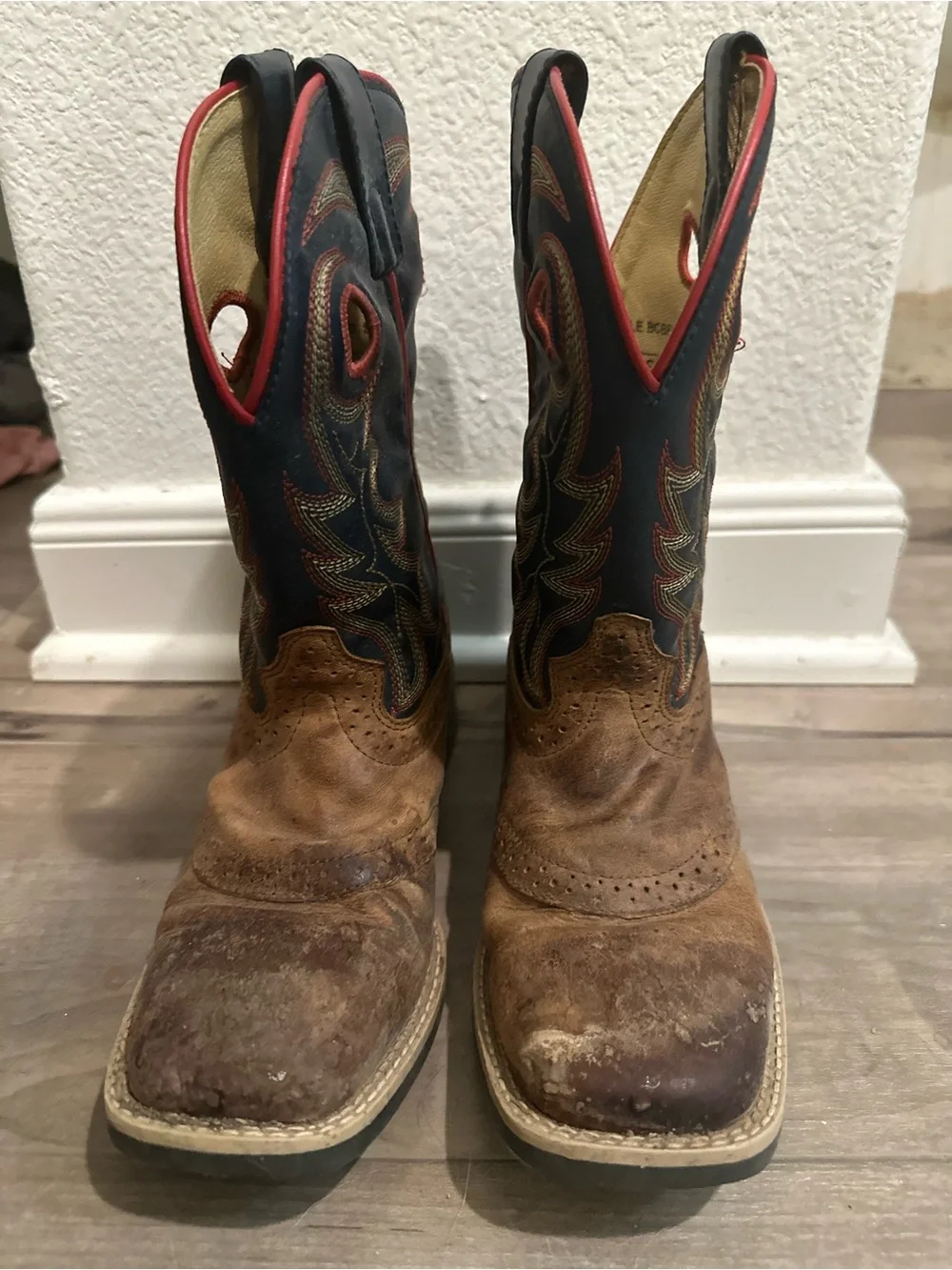 Kids Cody James Brown Leather Western Pull-On Boots with Navy Shaft and Red Trim